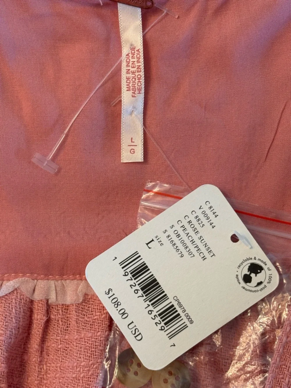 Free People Peach Button Front Midi Dress Tie Sleeve Size L NWT - Picture 9 of 9